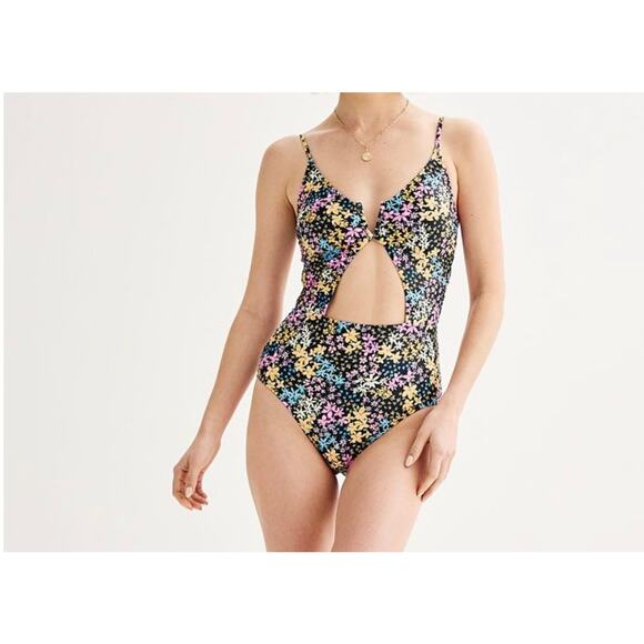Ninety-Nine Juniors V-Wire One-Piece Swimsuit Floral Lined Cut-Out Size L /11-13 - Picture 1 of 14